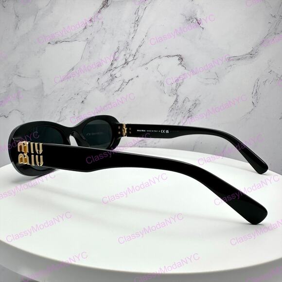 New MIU MIU Sunglasses Black Acetate Oval Gold Metal Logo Authentic Italy main image 5